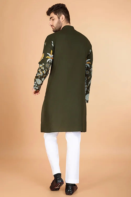 Olive Viscose Rayon Designer Men's Kurta For Festive