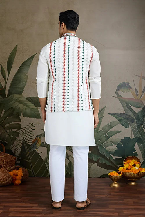 Beautiful White Viscose Silk Kurta Koti Set
