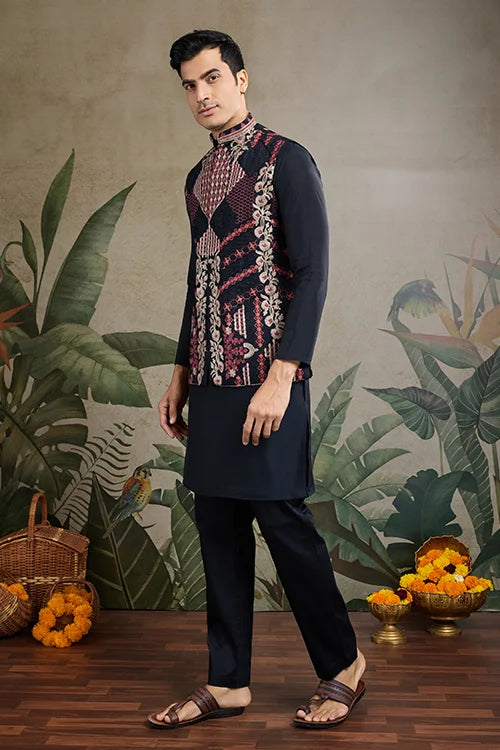 Black Viscose Silk Indian Designer Kurta With Koti For Men
