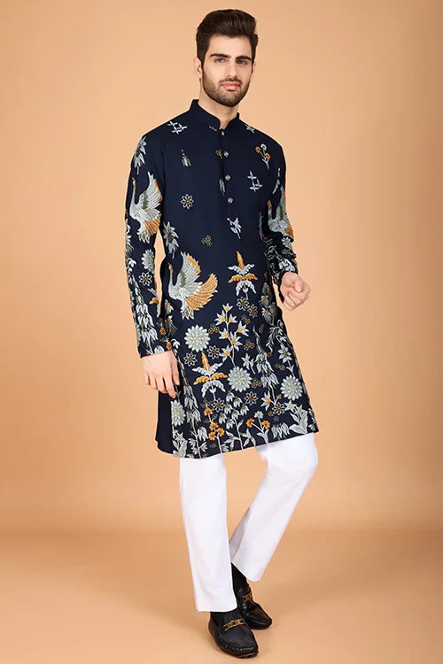 Navy Blue Traditional Look Ethnic Wear Kurta For Men