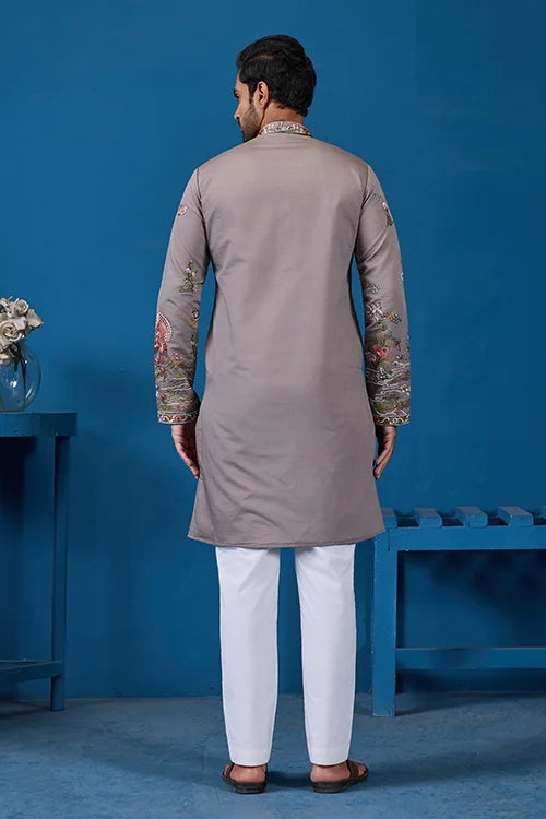 Classy Grey Embroidered Mens Kurta for Wedding Events