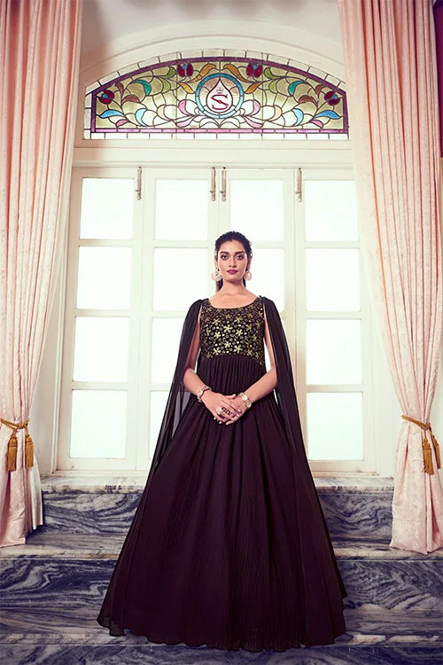 Purple Off The Shoulder Embroidered Long Anarkali Style Gown