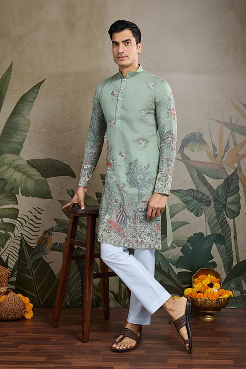 Designer Pista Green Viscose Silk Fancy Kurtas For Men