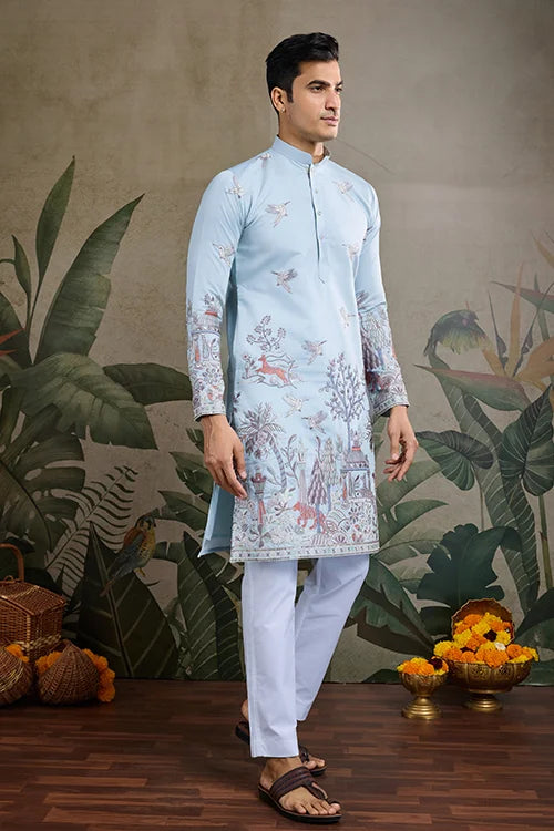 Beautiful Sky Viscose Silk Kurta Mens Wear Collection