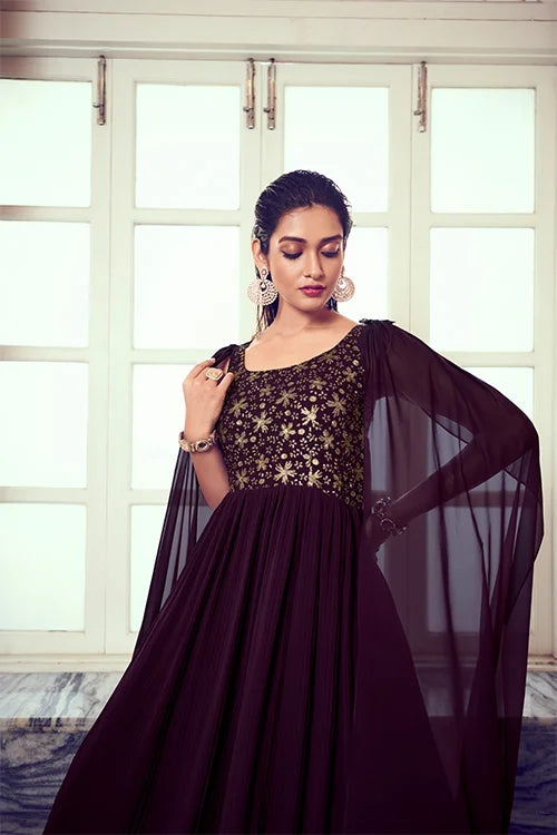 Purple Off The Shoulder Embroidered Long Anarkali Style Gown