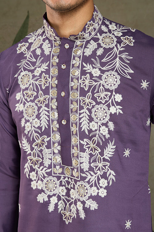 Pastel Purple Embroidered Viscose Silk Kurta Set