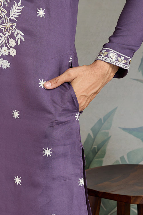Pastel Purple Embroidered Viscose Silk Kurta Set