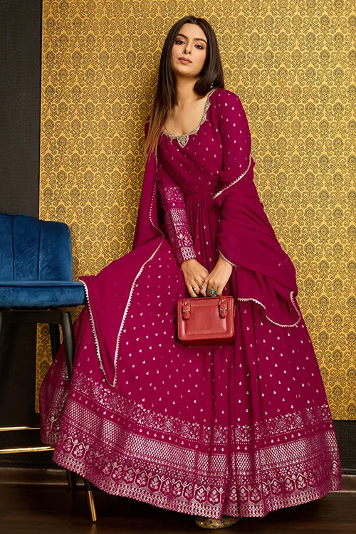 Exclusive Rani Color Metalic Foil Work Ready To Wear Gown