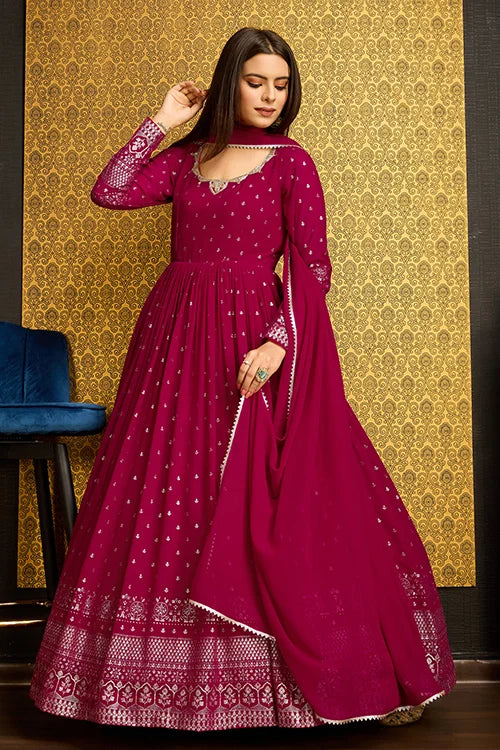 Exclusive Rani Color Metalic Foil Work Ready To Wear Gown