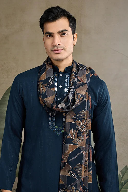 Teal Blue Viscose Rayon Kurta With Mirror Work