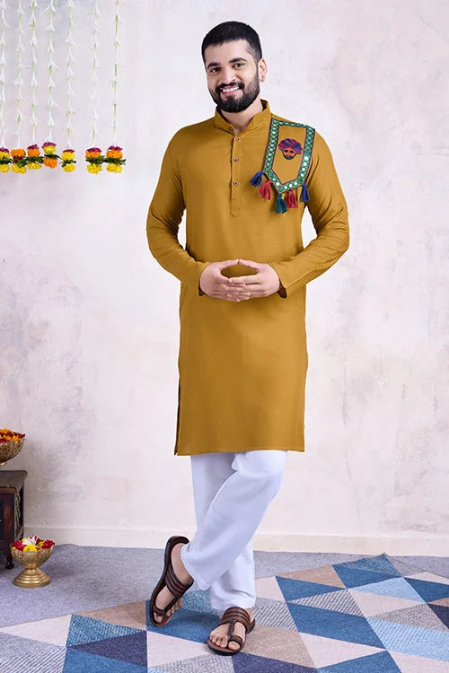 Beautiful Yellow Rayon Navratri Men's Kurta With Mirror Work