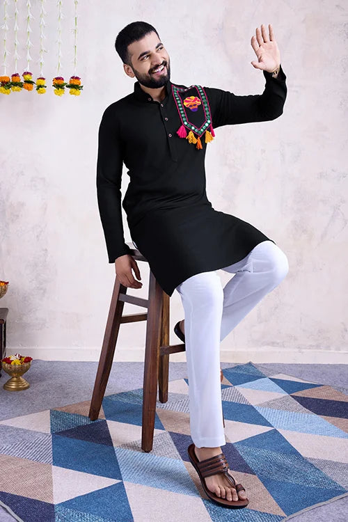 Real Mirror Work Navratri Special Black Color Mens Wear Kurta Collection