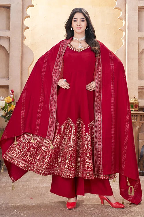 Red Roman Silk Salwar Suit With Hand Mirror Work