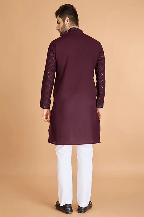 Designer Maroon Viscose Silk Men's Kurta Online