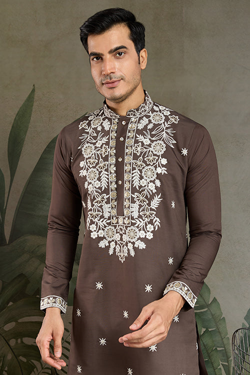 Wedding Functions Chocolate Gray Embroidered Kurta