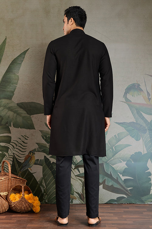 Wedding Special Black Mirror Work Kurta With Dupatta For Men