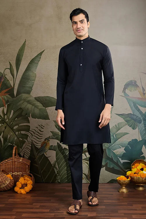 Black Roman Silk Kurta With Jacquard Koti Elegant Ethnic Wear