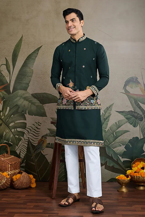 Stylish Green Men's Kurta Koti Set – Elegant & Trendy
