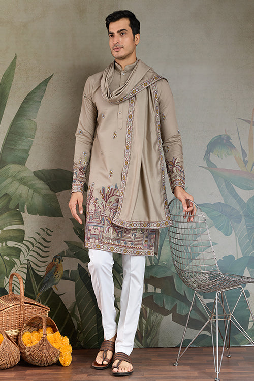 Traditional Ivory Embroidered Kurta Dupatta With Pajama