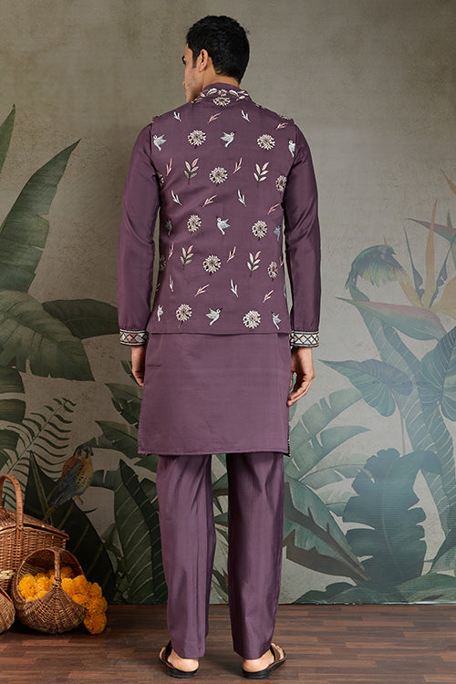 Traditional Rust Purple Kurta Pajama With Stylish Open Jacket