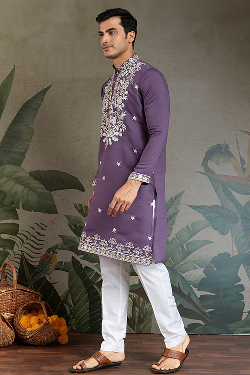 Pastel Purple Embroidered Viscose Silk Kurta Set