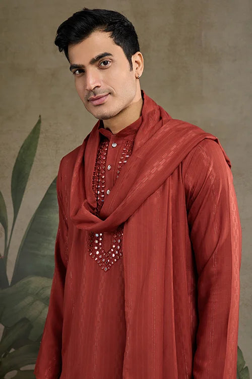 Rust Orange Viscose Silk Kurta With Mirror Work