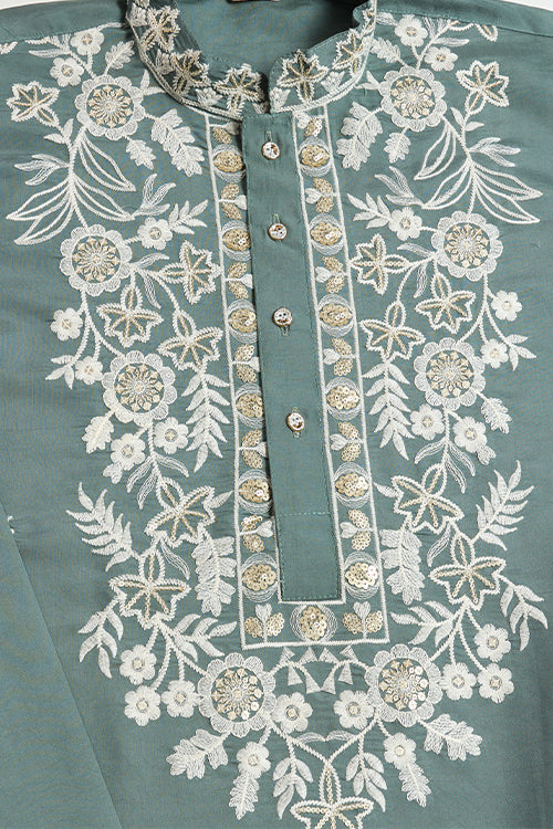Pastel Pista Viscose Silk Embroidered Kurta For Men