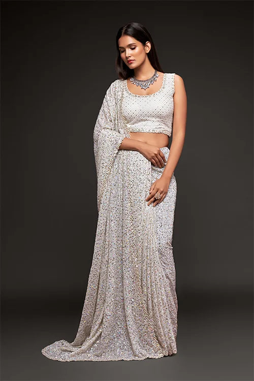 Bollywood Designer Pearl White Georgette Silk Saree Online