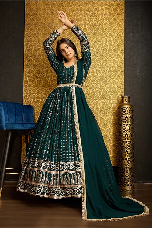 Green Color Designer Metalic Foil Work Ready To Wear Gown