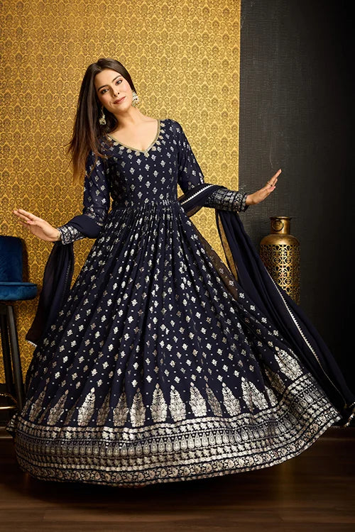 Attractive Navy Blue Foil Work Georgette Reception Wear Gown With Dupatta