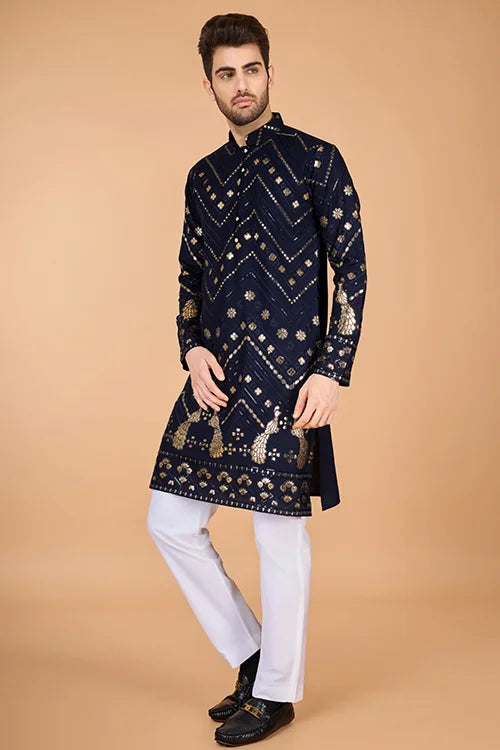 Navy Silk Embroidered Work Designer Men's Wear Kurta