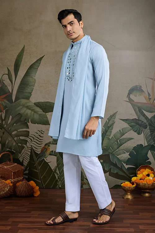 Sky Mirror Work Kurta For Men - Designer Wear