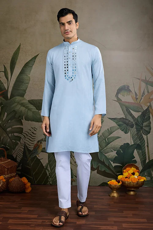 Sky Mirror Work Kurta For Men - Designer Wear