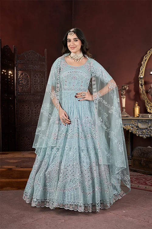 Sky Color Thread Embroidery With Zarkan And Mirror Work Gown