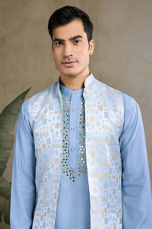 Traditional Sky Kurta Set With Koti Jacket