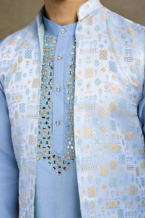 Traditional Sky Kurta Set With Koti Jacket