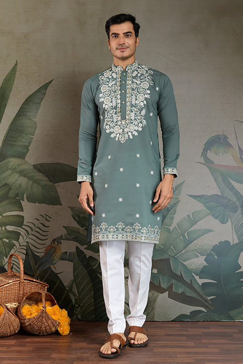 Pastel Pista Viscose Silk Embroidered Kurta For Men