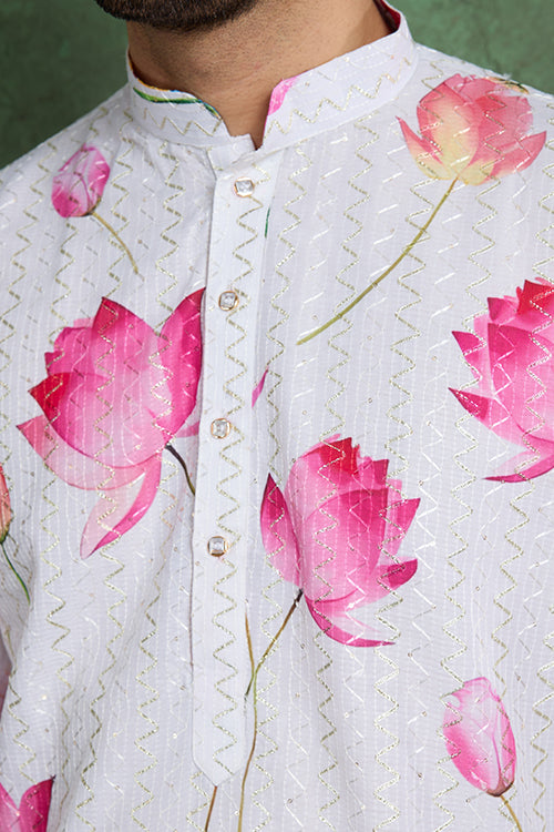 Buy Ethnic Style White & Pink Designer Kurta For Men