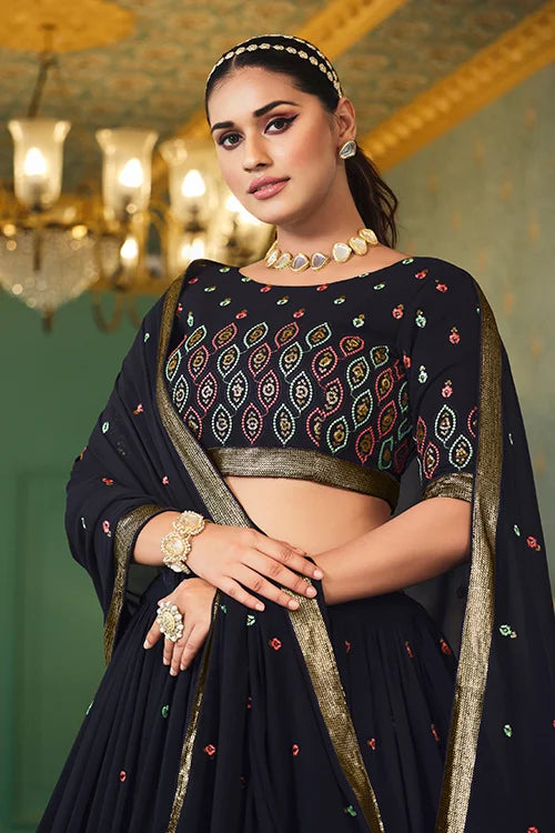 Embroidered Georgette Lehenga In Navy Blue