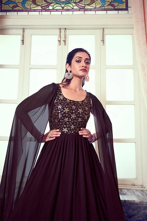 Purple Off The Shoulder Embroidered Long Anarkali Style Gown