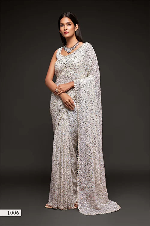 Bollywood Designer Pearl White Georgette Silk Saree Online