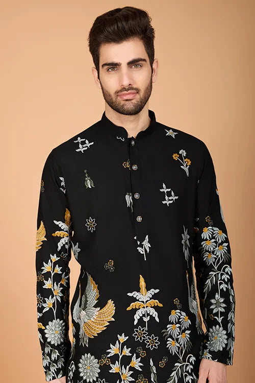 Black Designer Viscose Rayon Men's Kurta Online