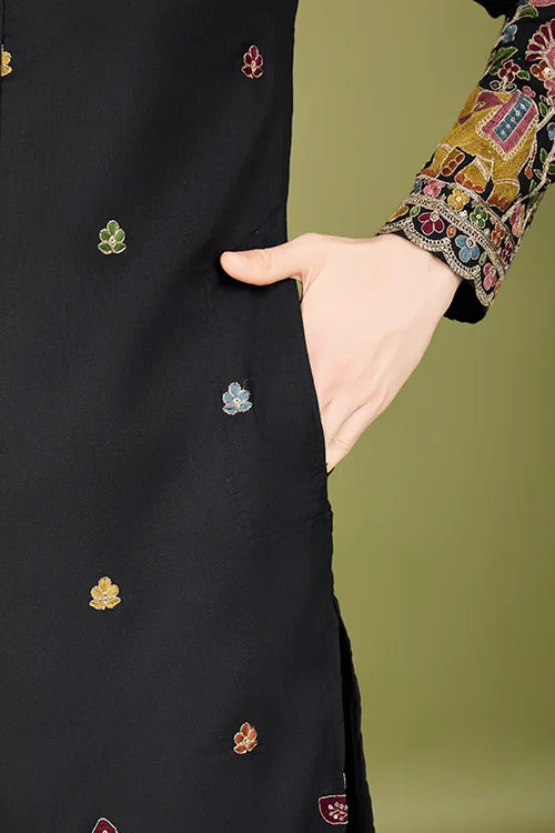 Black Color Cotton Embroidered Kurta For Men