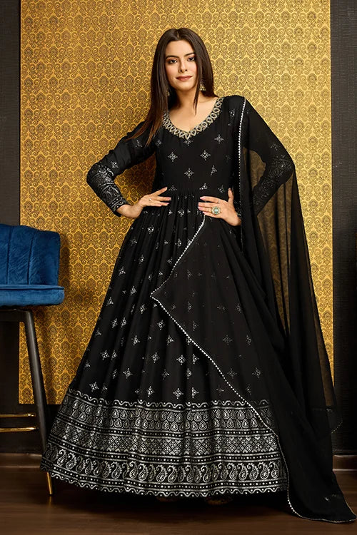 Outstanding Black Color Foil Work Georgette Function Wear Gown With Dupatta