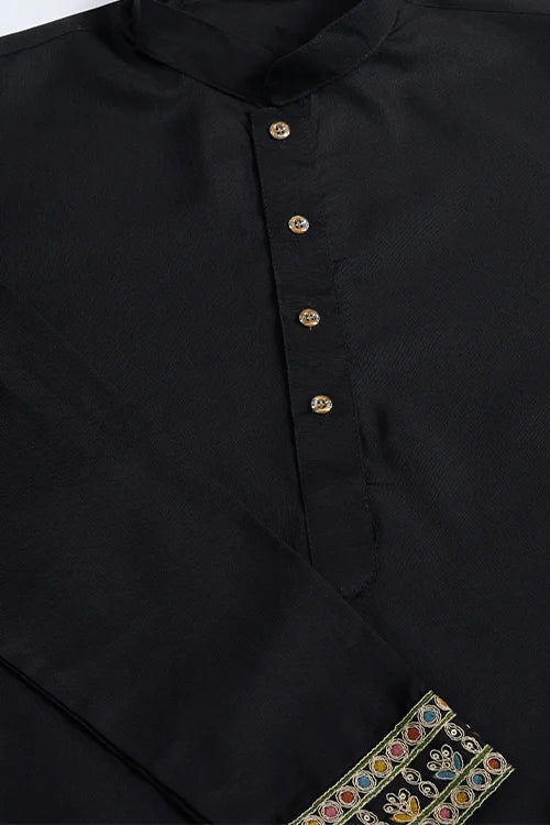 Designer Black Cotton Kurta With Embroidered Koti