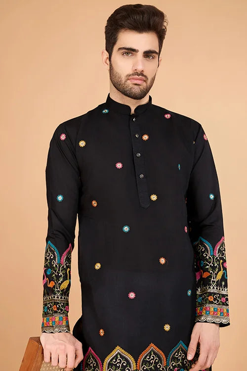 Black Viscose Silk Men's Designer Kurta Online
