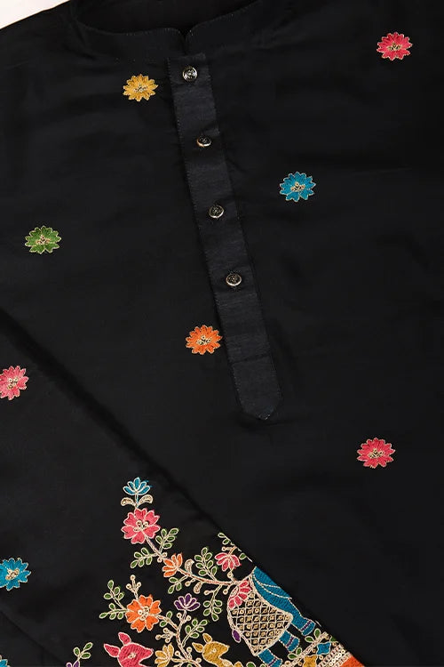 Black Designer Viscose Silk Kurta With Thread Work