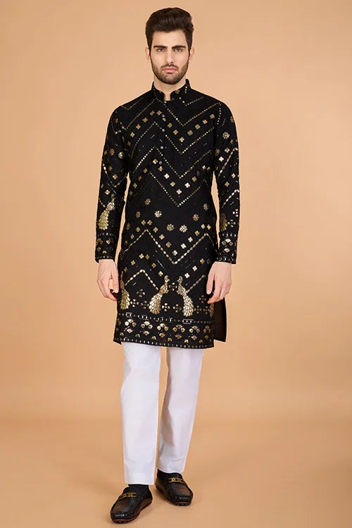 Black Silk Men's Kurta For Special Occasions