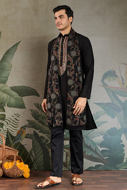 Wedding Special Black Mirror Work Kurta With Dupatta For Men