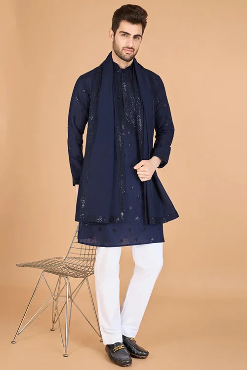 Elegant Navy Viscose Silk Kurta With Sequins